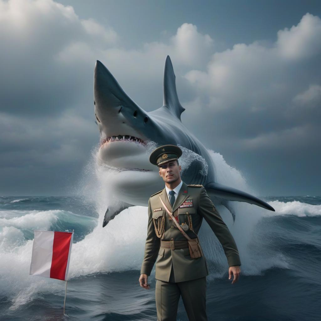  A shark in a Russian military uniform with the insignia of a captain's rank saluting. hyperrealistic, full body, detailed clothing, highly detailed, cinematic lighting, stunningly beautiful, intricate, sharp focus, f/1. 8, 85mm, (centered image composition), (professionally color graded), ((bright soft diffused light)), volumetric fog, trending on instagram, trending on tumblr, HDR 4K, 8K