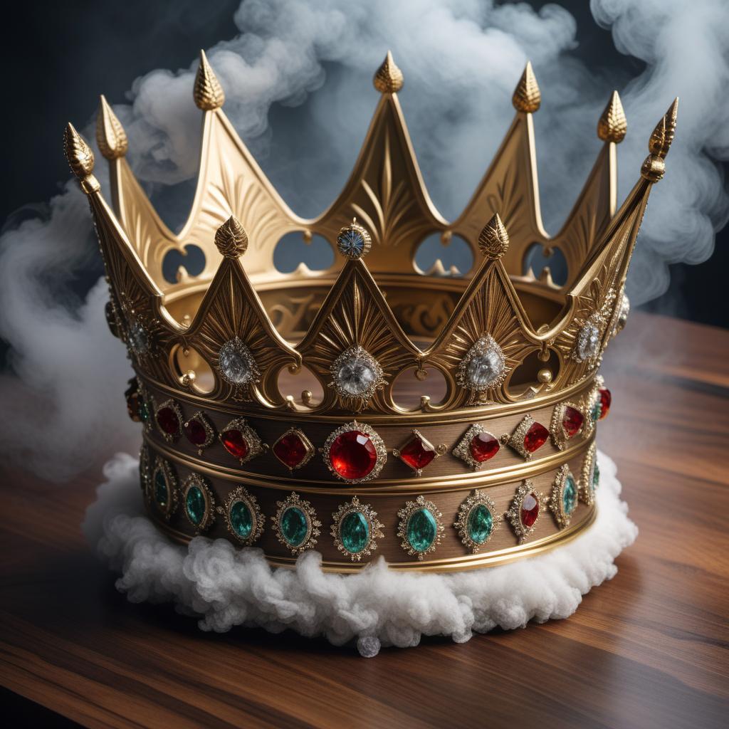  An artistic interpretation featuring a regal king's crown placed next to a rolled spliff, symbolizing royalty and relaxation. hyperrealistic, full body, detailed clothing, highly detailed, cinematic lighting, stunningly beautiful, intricate, sharp focus, f/1. 8, 85mm, (centered image composition), (professionally color graded), ((bright soft diffused light)), volumetric fog, trending on instagram, trending on tumblr, HDR 4K, 8K