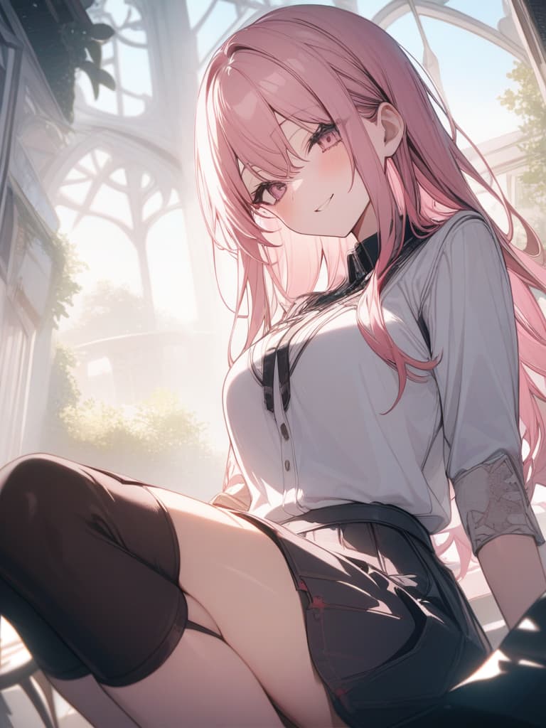  Silver pink hair, smile, emo, long hair, skirt, masterpiece, best quality,8k,ultra detailed,high resolution,an extremely delicate and beautiful,hyper detail