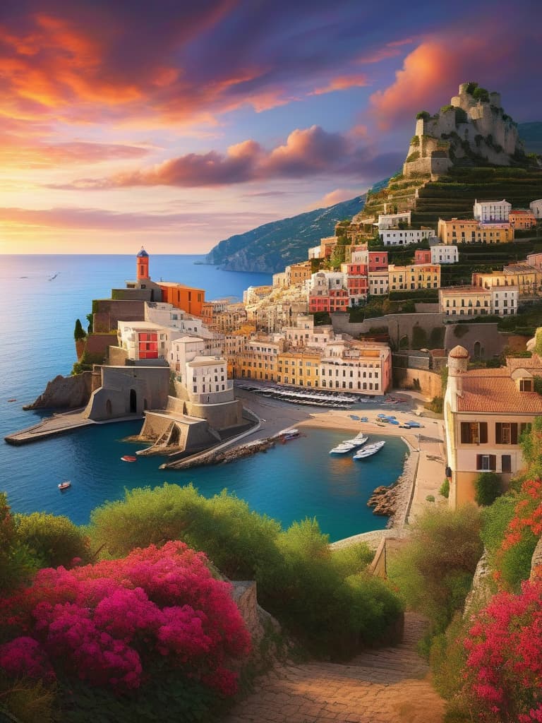  concept art Hyper realistic, scenic village, hill, amalfi coast, overlooking harbor, colorful sailboats, spring foliage, EPIC flambient orange sunrise, flambient clouds, wide angles, sharp focus, dramatic lighting, epic composition, 8k, high quality, ultra high definition, coastal landscape, flambient, golden hour, vivid colors, maritime, nautical, coastal line, port, boat, yacht, marina, sunset, dusk, surf, sea, waves, cove, harbour, lighthouse, countryside, cliff edge, hillside, medieval architecture, house, houses, cobblestone streets, steep stairs, church, tower, cathedral, historic, Italy, tourism, travel photography, drawing, painting, painting inspiration, Vincent van Gogh, Romanticism, realism, documentary, film, movies, artillery, 