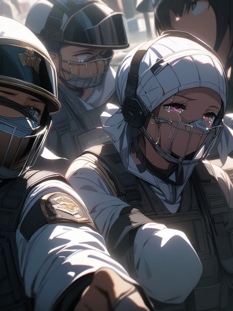  Pistols, muzzle toward opponents, crying, police officers, polys, guns, crying, smiling, masterpiece, best quality,8k,ultra detailed,high resolution,an extremely delicate and beautiful,hyper detail