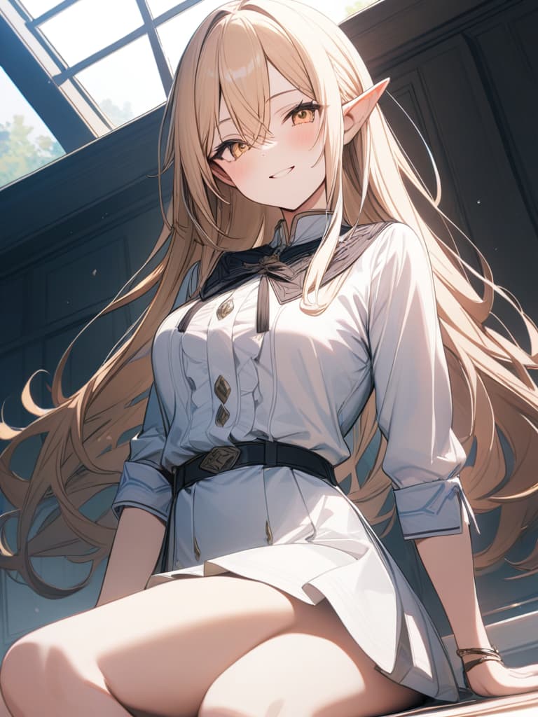  Elf, thighs, blonde, long hair, smile, masterpiece, best quality,8k,ultra detailed,high resolution,an extremely delicate and beautiful,hyper detail