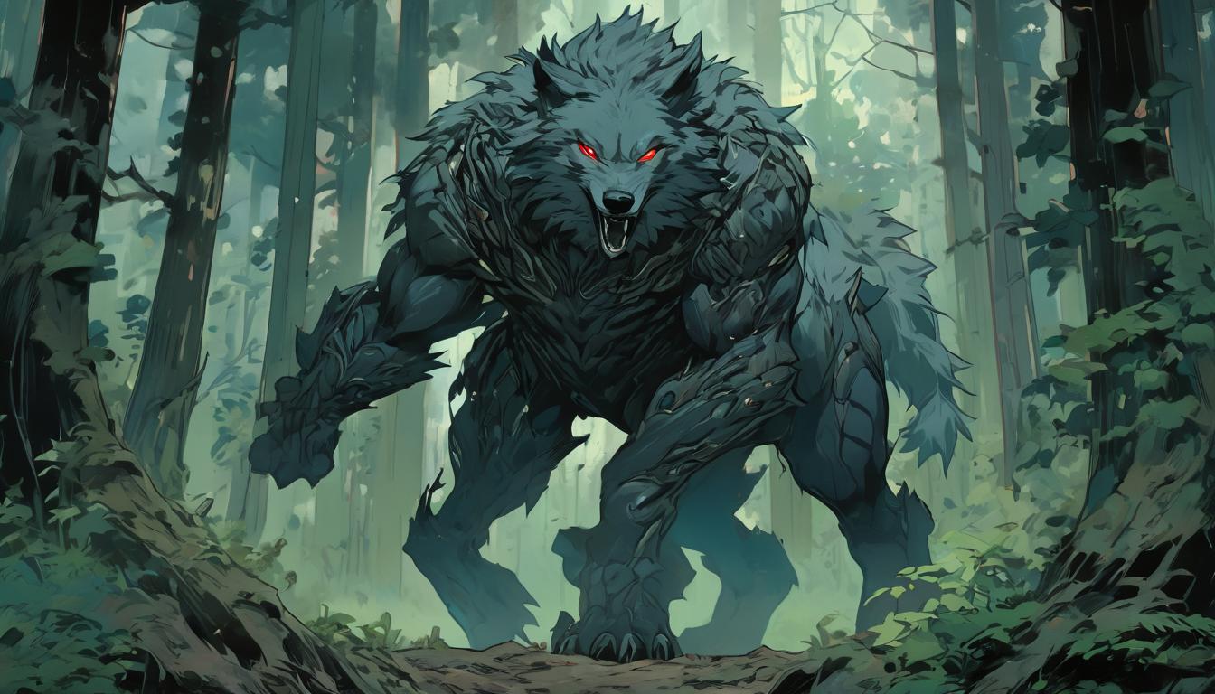  hyperrealism,fantasy aestheticA wolf alone in a forest, making calculated movements, eyes wide open and alert, background of intricate forest details with twisted roots and dense foliage, intelligence, strategy, high tech clothing clad in sleek, futuristic costume with metallic accents and form fitting designs, marvel superhero comics style, unreal engine rendering