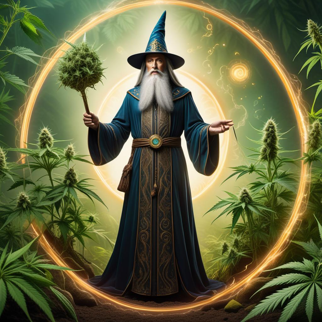  A wizard waving his wand around a circle of nutrients, with cannabis plants growing inside the twirling nutrients. The style should be magical and detailed, with vibrant colors to capture attention. The wizard should have a long flowing robe, a pointy hat, and appear wise and mystical. The circle of nutrients should be depicted as an energetic swirl or vortex around the cannabis plants, giving a sense of magical growth. hyperrealistic, full body, detailed clothing, highly detailed, cinematic lighting, stunningly beautiful, intricate, sharp focus, f/1. 8, 85mm, (centered image composition), (professionally color graded), ((bright soft diffused light)), volumetric fog, trending on instagram, trending on tumblr, HDR 4K, 8K