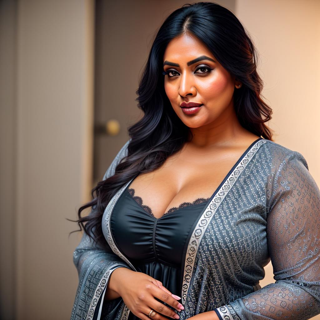  a Desi Chubby woman wearing a black and white printed patient Gown, good night, decorative dark blue clothing, wearing a hospital gown, desi hyperrealistic, full body, detailed clothing, highly detailed, cinematic lighting, stunningly beautiful, intricate, sharp focus, f/1. 8, 85mm, (centered image composition), (professionally color graded), ((bright soft diffused light)), volumetric fog, trending on instagram, trending on tumblr, HDR 4K, 8K