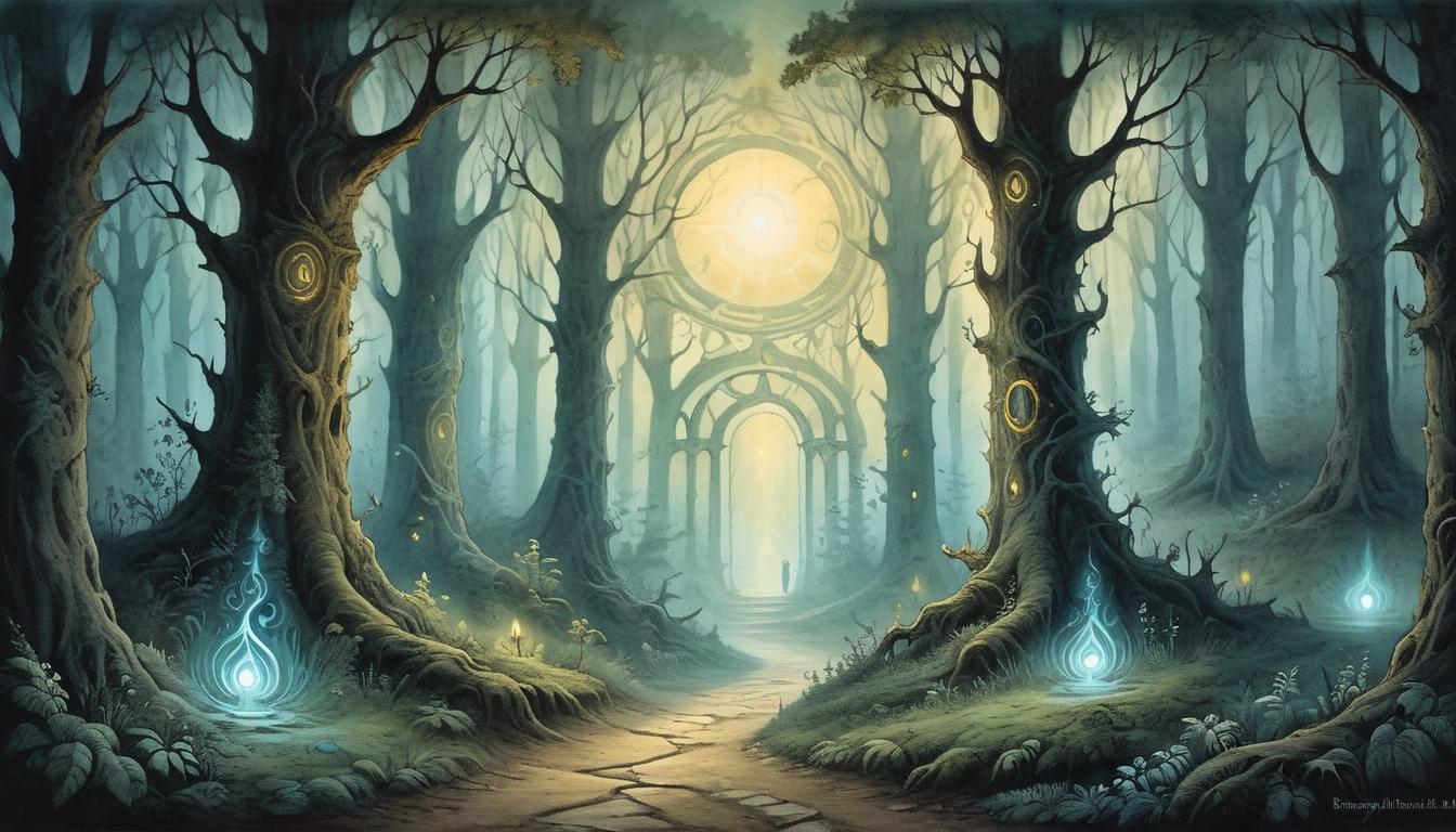  on parchment, surrealism+++, glowing portals opening in a forest, path leading towards light, shadowy figures approaching, ethereal atmosphere, mysterious, inviting(mysterious, provocative, symbolic,muted color)+++