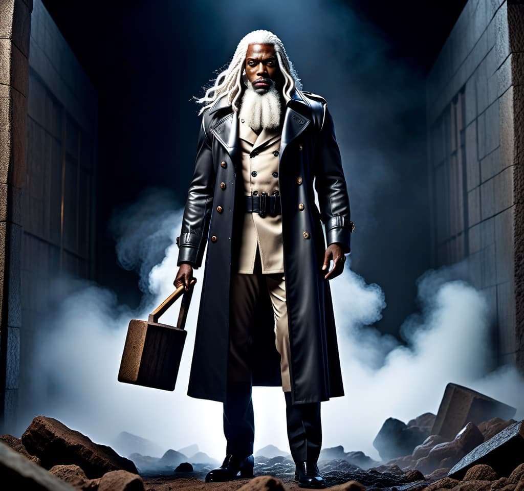  lovecraftian horror A black man, soldier, in a trench coat, with a beard, long white hair, stands at full height, muscular build, height 2 meters, carrying a sledgehammer in his right hand. . eldritch, cosmic horror, unknown, mysterious, surreal, highly detailed hyperrealistic, full body, detailed clothing, highly detailed, cinematic lighting, stunningly beautiful, intricate, sharp focus, f/1. 8, 85mm, (centered image composition), (professionally color graded), ((bright soft diffused light)), volumetric fog, trending on instagram, trending on tumblr, HDR 4K, 8K