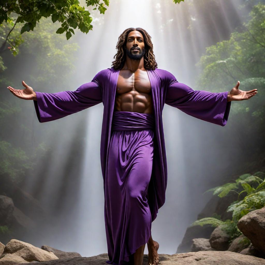  A powerful depiction of black Jesus with a muscular physique. He is wearing a purple robe and exudes strength and compassion. His expression is joyful as he raises his hands, saying 'Hallelujah.' The background can be serene with a heavenly light, highlighting the divine atmosphere of the scene. hyperrealistic, full body, detailed clothing, highly detailed, cinematic lighting, stunningly beautiful, intricate, sharp focus, f/1. 8, 85mm, (centered image composition), (professionally color graded), ((bright soft diffused light)), volumetric fog, trending on instagram, trending on tumblr, HDR 4K, 8K