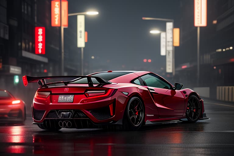  Red Honda NSX GT3 Evo in the night of Tokyo in the rain hyperrealistic, full body, detailed clothing, highly detailed, cinematic lighting, stunningly beautiful, intricate, sharp focus, f/1. 8, 85mm, (centered image composition), (professionally color graded), ((bright soft diffused light)), volumetric fog, trending on instagram, trending on tumblr, HDR 4K, 8K