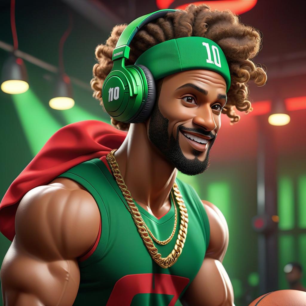  The gym is decorated in the style of a platform for rap battle. handsome sporty happy smiling man, curly, lifts dumbbells, in the gym, in a red basketball player's jersey with the number 10, wide green knee length shorts, beautiful photo, beautiful light, movement around, rap battle atmosphere, green smoke, a lot of large chains around the neck, with a cap on his head, headphones in the ears hyperrealistic, full body, detailed clothing, highly detailed, cinematic lighting, stunningly beautiful, intricate, sharp focus, f/1. 8, 85mm, (centered image composition), (professionally color graded), ((bright soft diffused light)), volumetric fog, trending on instagram, trending on tumblr, HDR 4K, 8K