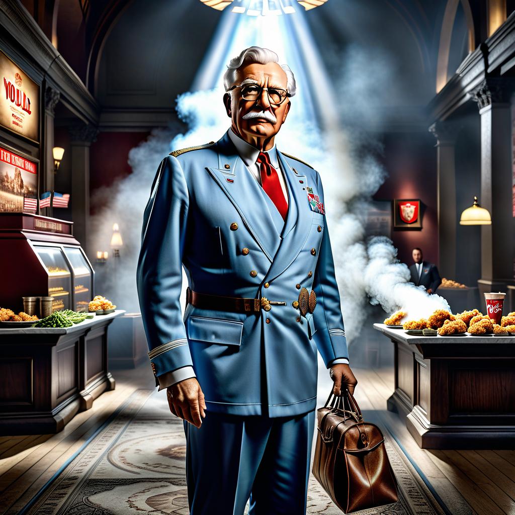  Portrait of the leading political role playing game world crisis 1942, a man who is like the secret government of the world, Colonel Sanders kfc hyperrealistic, full body, detailed clothing, highly detailed, cinematic lighting, stunningly beautiful, intricate, sharp focus, f/1. 8, 85mm, (centered image composition), (professionally color graded), ((bright soft diffused light)), volumetric fog, trending on instagram, trending on tumblr, HDR 4K, 8K