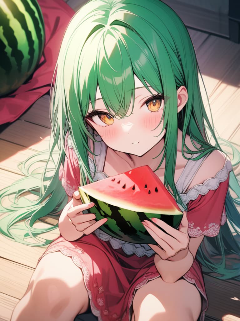  Cute, , thin body, green hair, yellow eyes, watermelon, watermelon, red and green dress, watermelon decoration, eyes, frills, masterpiece, best quality,8k,ultra detailed,high resolution,an extremely delicate and beautiful,hyper detail