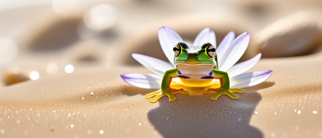  Macro Photography, Beach summer panoramic background with Darwin’s Frog flower on the cristal sand and glory water, close up, macro 100mm, macro photography