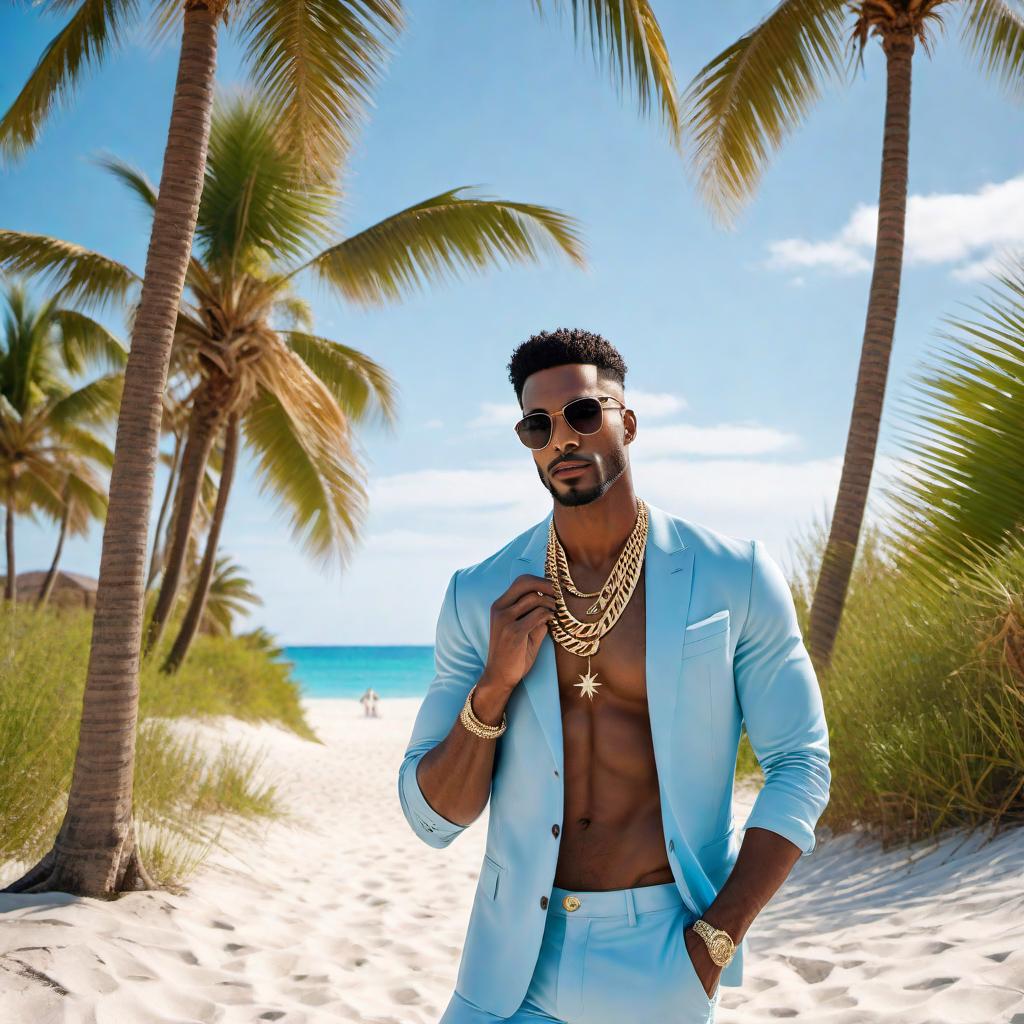  A stylish male model at the beach wearing a prominent diamond-clustered Cuban link chain. The scene includes tall palm trees, a pristine beach with soft sand, a bright blue sky, and a shimmering ocean in the background. The male model should look confident and relaxed, embodying a luxurious and tropical vibe. hyperrealistic, full body, detailed clothing, highly detailed, cinematic lighting, stunningly beautiful, intricate, sharp focus, f/1. 8, 85mm, (centered image composition), (professionally color graded), ((bright soft diffused light)), volumetric fog, trending on instagram, trending on tumblr, HDR 4K, 8K