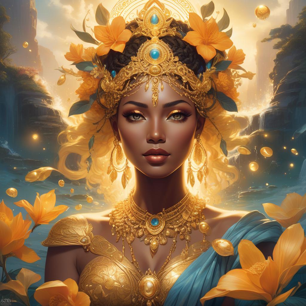  concept art A fantasy portrait of a woman adorned with golden floral ornaments, surrounded by a mystical, luminous landscape with water elements. An insanely hyperdetailed whimsical fantasical painting of the Goddess Oshun, the Yoruba goddess of love, fertility, and rivers. She is typically depicted as a beautiful woman adorned with gold and surrounded by flowing water. Genres: Fantasy, Mythology. Styles: Whimsical, Surreal. Techniques: Hyperrealism, Digital Painting. Lights: Warm and Radiant. Colors: Golden yellows, bright oranges, warm browns, and deep blues. Descriptive terms: Lush, Opulent, Serene, Mystical, and Nurturing. This masterpiece digital artwork would be best painted by artists such as Tara McPherson, Audrey Kawasaki, Nicolett hyperrealistic, full body, detailed clothing, highly detailed, cinematic lighting, stunningly beautiful, intricate, sharp focus, f/1. 8, 85mm, (centered image composition), (professionally color graded), ((bright soft diffused light)), volumetric fog, trending on instagram, trending on tumblr, HDR 4K, 8K