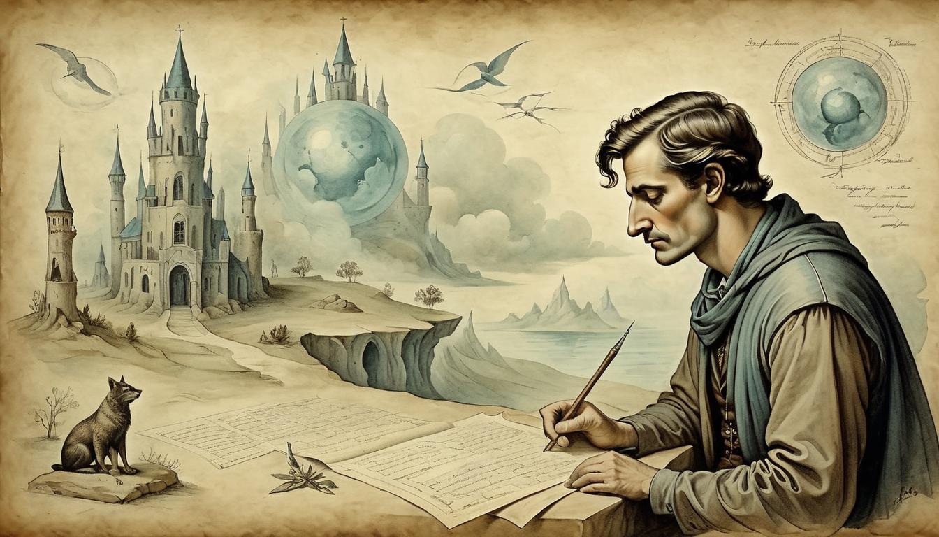  on parchment, surrealism+++, Thoughtful figure, analyzing various elements, serene background, multiple angles, steady consideration(mysterious, provocative, symbolic,muted color)+++