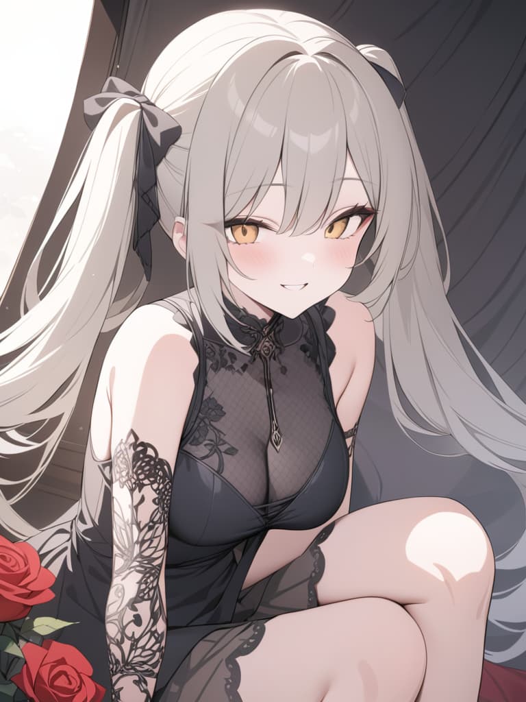  Hair colored beige, black gothic fashion, twin tails, long hair, roses are motifs, eyes are red, smile, masterpiece, best quality,8k,ultra detailed,high resolution,an extremely delicate and beautiful,hyper detail