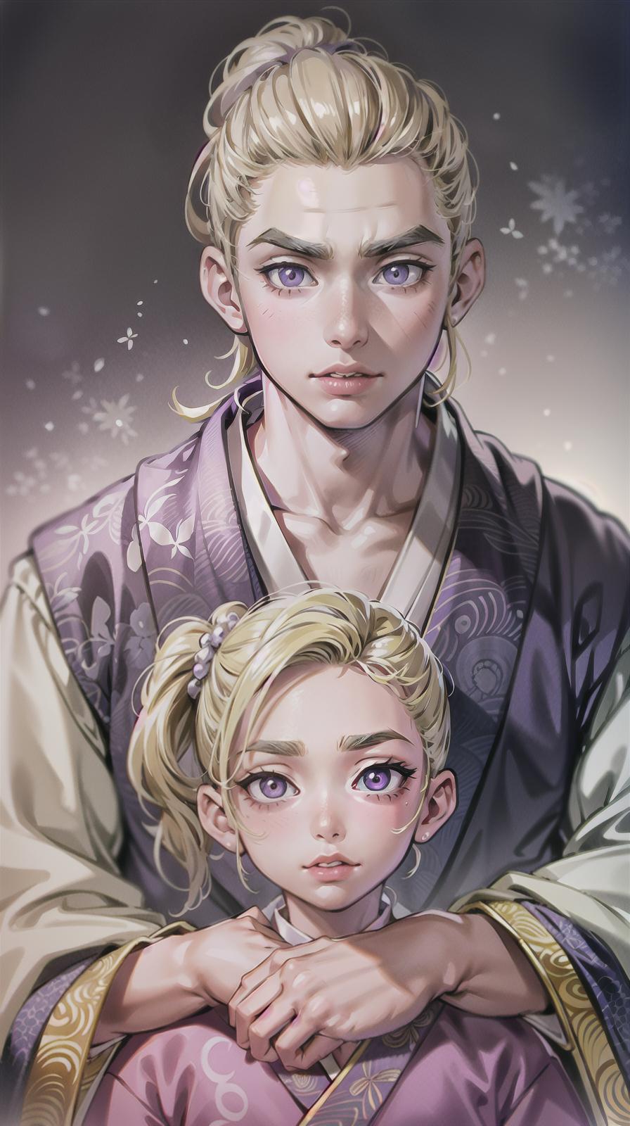  master piece , best quality,Short blonde hair with a long collar and long sideburns, upswept eyebrows, three white eyes with purple pupils, not too large, red mark on forehead, lips neither too thick nor too thin, slim build, beautiful young man in a kimono.