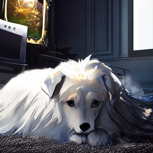  White fluffy dog being caressed behind ears lying on a carpet with a television and a wall full of portraits in the background of the image Nostalgic Nooks hyperrealistic, full body, detailed clothing, highly detailed, cinematic lighting, stunningly beautiful, intricate, sharp focus, f/1. 8, 85mm, (centered image composition), (professionally color graded), ((bright soft diffused light)), volumetric fog, trending on instagram, trending on tumblr, HDR 4K, 8K