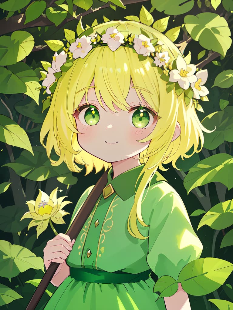  ((Forest,forest fairy,cute,beautiful , hair,ids,flower crown,green eyes,)),using a large leaf as an umbrella,dwarf,in the forest,erfly,cute,contrast,European style green dress,ultra detailed,best shadow,cute and beautiful face,(masterpiece:1.2),(best quality:1.2),detailed background,high contrast,(best illumination,an extremely delicate and beautiful),((cinematic light)),hyper detail,dramatic light,intricate details,8k,anime,very aesthetic、,yellow hair,dwarf,miniature ,using leaf as umbrella,smiling, masterpiece, best quality,8k,ultra detailed,high resolution,an extremely delicate and beautiful,hyper detail