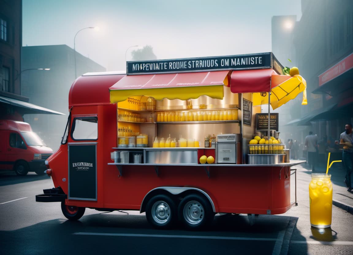  Foodtruck sells lemonade. hyperrealistic, full body, detailed clothing, highly detailed, cinematic lighting, stunningly beautiful, intricate, sharp focus, f/1. 8, 85mm, (centered image composition), (professionally color graded), ((bright soft diffused light)), volumetric fog, trending on instagram, trending on tumblr, HDR 4K, 8K