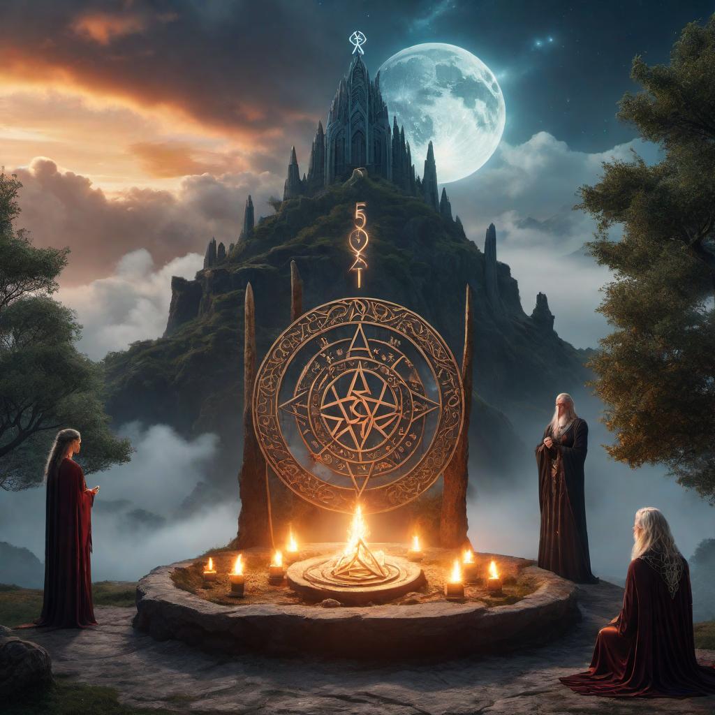  A mystical scene combining themes from Ásatrú (Odinism) and Wicca, centered around the significance of the number 333. In the foreground, a couple (one representing Ásatrú and the other representing Wicca) performs a joint ritual at an altar. The altar is adorned with symbols from both traditions: a representation of Yggdrasil (the World Tree), runes, the Triple Goddess symbol (Maiden, Mother, Crone), and pentagrams. Above them, a mystical glow highlights the number 333 in the sky. On one side of the scene, Odin, with his two ravens, watches over, while on the other side, the Triple Goddess phases can be seen (Maiden, Mother, Crone). The background features elements of nature, symbolizing the integration of Earth, Air, Fire, and Water.  hyperrealistic, full body, detailed clothing, highly detailed, cinematic lighting, stunningly beautiful, intricate, sharp focus, f/1. 8, 85mm, (centered image composition), (professionally color graded), ((bright soft diffused light)), volumetric fog, trending on instagram, trending on tumblr, HDR 4K, 8K