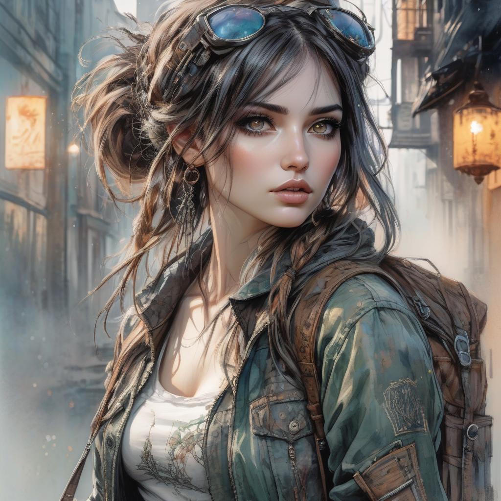  grunge style by Albert Robida and Alice Pasquini and Luis Royo, watercolour masterpiece, Digital watercolor Illustration Waterhouse, Carne Griffiths, Minjae Lee, Ana Paula Hoppe, Stylized watercolor art, Intricate, Complex contrast, soft Cinematic Volumetric lighting, seasonal colors, perfect wide long shot visual masterpiece . textured, distressed, vintage, edgy, punk rock vibe, dirty, noisy hyperrealistic, full body, detailed clothing, highly detailed, cinematic lighting, stunningly beautiful, intricate, sharp focus, f/1. 8, 85mm, (centered image composition), (professionally color graded), ((bright soft diffused light)), volumetric fog, trending on instagram, trending on tumblr, HDR 4K, 8K