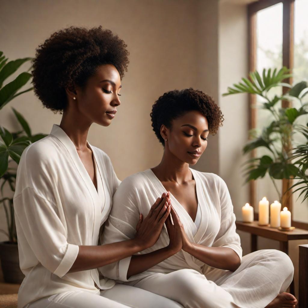  A black couple sitting down in a calm and serene environment, with one person gently placing their hands on the other, representing the flow of Reiki energy healing. The setting is soothing, with soft lighting and possibly some elements like candles or plants in the background. The couple looks peaceful and connected, with a sense of relief and tranquility on their faces as the Reiki energy flows to help them with anxiety. hyperrealistic, full body, detailed clothing, highly detailed, cinematic lighting, stunningly beautiful, intricate, sharp focus, f/1. 8, 85mm, (centered image composition), (professionally color graded), ((bright soft diffused light)), volumetric fog, trending on instagram, trending on tumblr, HDR 4K, 8K