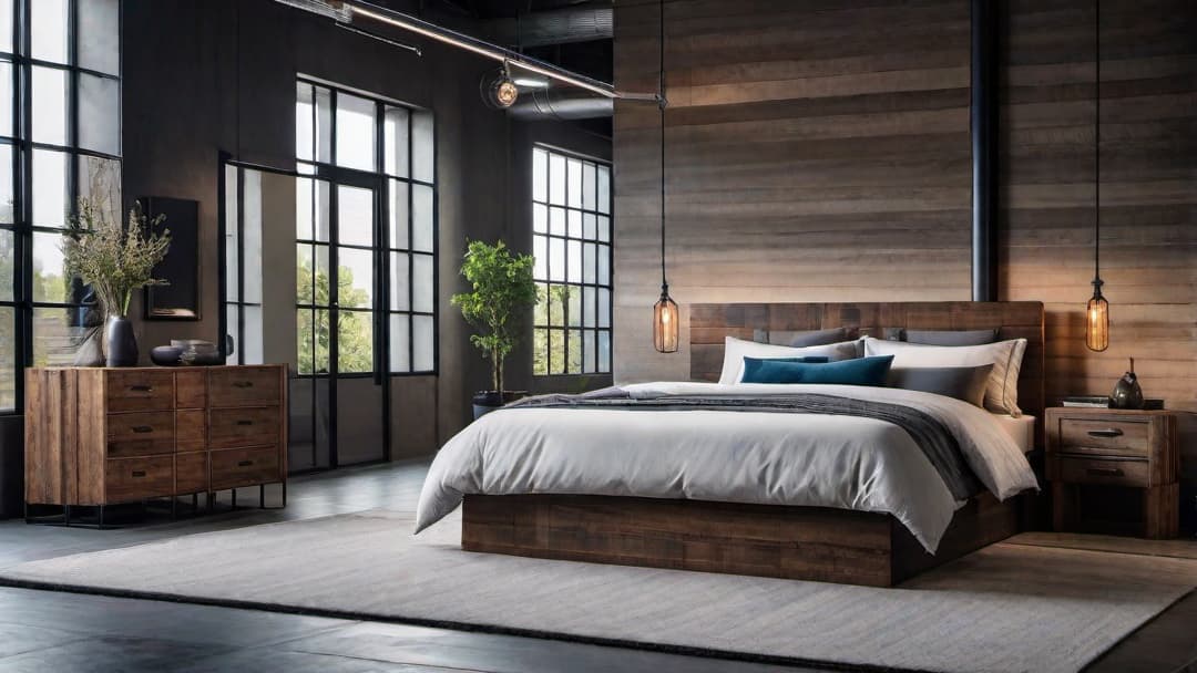  Create an image of an Industrial Style Bedroom featuring an Industrial Bed Frame and Industrial Headboard. The room should include sleek metal light fixtures and repurposed wood furnishings. Use a color palette with cool, neutral tones to create a serene and urban atmosphere. The overall design should balance rugged charm with contemporary elegance, conveying Inspiration for a modern living space. hyperrealistic, full body, detailed clothing, highly detailed, cinematic lighting, stunningly beautiful, intricate, sharp focus, f/1. 8, 85mm, (centered image composition), (professionally color graded), ((bright soft diffused light)), volumetric fog, trending on instagram, trending on tumblr, HDR 4K, 8K