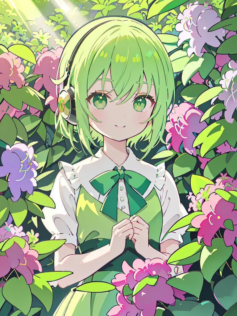  masterpiece,one woman,pretty,delicate green hair color,glossy hair color,short hair,headphones,green eye color,smile,{{{satsuki azalea(Rhododendron indicum)}}},natural light,warm sunlight,high resolution,high quality,8K, masterpiece, best quality,8k,ultra detailed,high resolution,an extremely delicate and beautiful,hyper detail