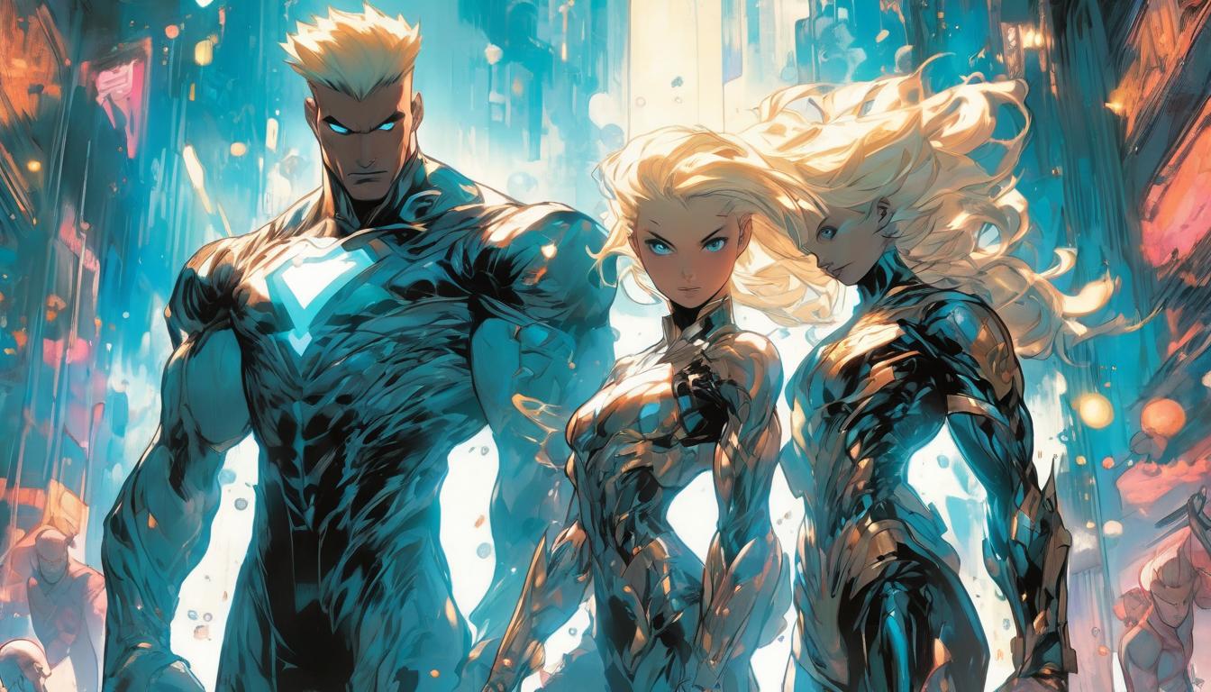  hyperrealism,fantasy aesthetic1woman1man, large busted attractive blonde arian female humanoid and handsome male humanoid, standing tall, beacons of harmony, cosmic oneness, high tech clothing clad in sleek, futuristic costume with metallic accents and form fitting designs, marvel superhero comics style, unreal engine rendering