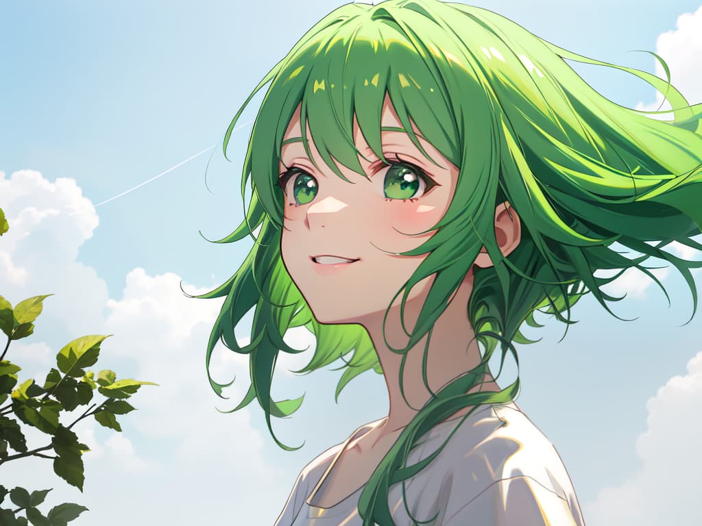  Green hair girl, profile, white T shirt, summer, looking up at the sky, smiling, closing eyes, masterpiece, best quality,8k,ultra detailed,high resolution,an extremely delicate and beautiful,hyper detail