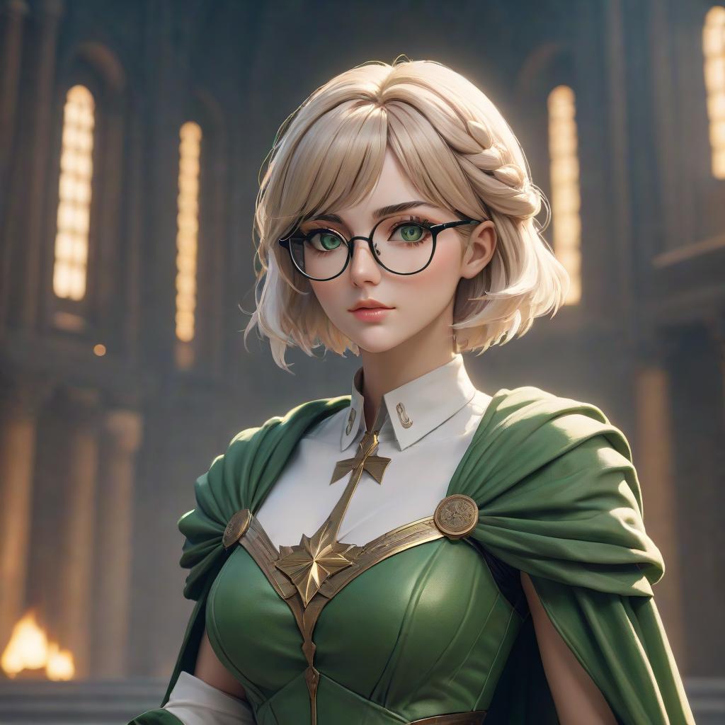  The goddess of justice and order and rigor. Short light hair, green eyes, glasses. hyperrealistic, full body, detailed clothing, highly detailed, cinematic lighting, stunningly beautiful, intricate, sharp focus, f/1. 8, 85mm, (centered image composition), (professionally color graded), ((bright soft diffused light)), volumetric fog, trending on instagram, trending on tumblr, HDR 4K, 8K