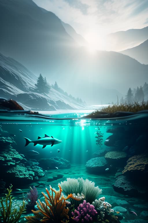  The view from the bottom of the lake through the water, you can see both the water and the land at the same time, there is a fish swimming, rendered realistically. hyperrealistic, full body, detailed clothing, highly detailed, cinematic lighting, stunningly beautiful, intricate, sharp focus, f/1. 8, 85mm, (centered image composition), (professionally color graded), ((bright soft diffused light)), volumetric fog, trending on instagram, trending on tumblr, HDR 4K, 8K