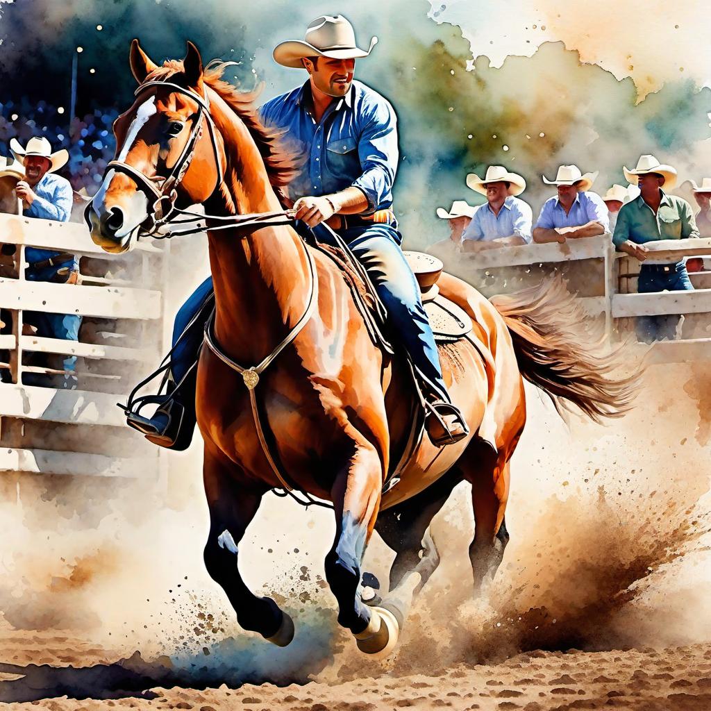  Create a watercolor painting of a man ridding a bucking horse at a rodeo. The background features soft, watercolor style splashes in earthy tones, giving the image an artistic and dreamy feel. Ensure the overall image has a delicate watercolor effect.