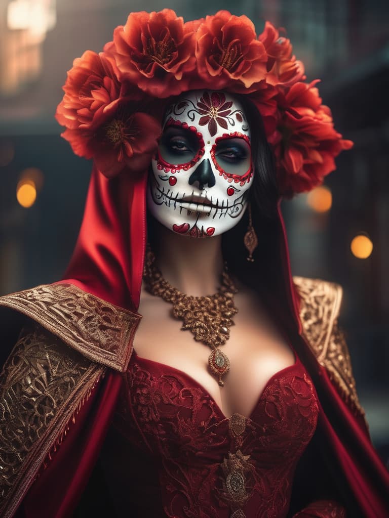  woman dressed sugar skull costume flowers, amazing octane render, thick dust red tones, wearing golden halo, saint woman, white skeleton face, wearing dark hood, hyperrealistic concept art, flower, hyperrealistic, full body, detailed clothing, highly detailed, cinematic lighting, stunningly beautiful, intricate, sharp focus, f/1. 8, 85mm, (centered image composition), (professionally color graded), ((bright soft diffused light)), volumetric fog, trending on instagram, trending on tumblr, HDR 4K, 8K