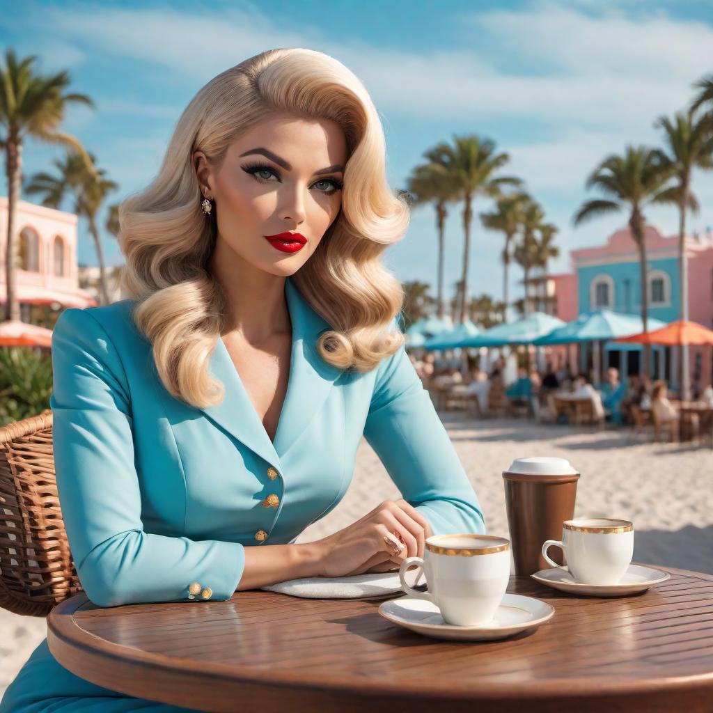  A glamorous vintage 60s cartoon-style podcast cover set in Palm Beach, Florida. Two women are featured sitting at a table with microphones and espresso cups. One woman has blonde hair and blue eyes, and the other woman has brown hair and brown eyes with distinct facial features. The blonde woman has a chic bob hairstyle and is wearing a stylish dress. The brunette has long wavy hair and is wearing a retro outfit. The background includes iconic Palm Beach elements like palm trees, pastel-colored buildings, and a glamorous, beachy vibe. The overall style is bright, colorful, and inviting, with a nostalgic cartoon drawing 60s aesthetic. Make the women's facial features and hair colors distinct from each other. hyperrealistic, full body, detailed clothing, highly detailed, cinematic lighting, stunningly beautiful, intricate, sharp focus, f/1. 8, 85mm, (centered image composition), (professionally color graded), ((bright soft diffused light)), volumetric fog, trending on instagram, trending on tumblr, HDR 4K, 8K