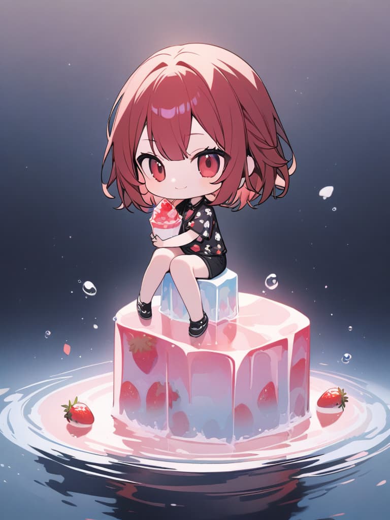  (( ice,sitting on ice,sitting on ice,strawberry flavored ice,)) Beautiful ,cute,young ,red hair,medium hair,strawberry patterned shirt,shorts,red eyes,pretty,smiling,cool、(absurdres,highres,superlative,texture,contrast,top quality),BREAK (solo,,kawaii,very cute face,(full body,chibi:1.5), masterpiece, best quality,8k,ultra detailed,high resolution,an extremely delicate and beautiful,hyper detail