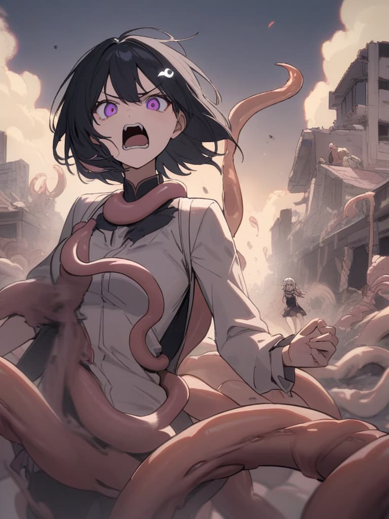  Tentacle Background,Manipulate the tentacles,((Tentacles coming out of the back,beige Tentacles,beige feeler,beige sharp tentacle))1.8,((Anger,screaming,hatred))1.2,murderous intent,mouths open,running,tattered clothes,rubble,collapsed buildings,cool girl,Black hair,(purple eyes),short,cropped hair,crescent moon hair ornament, masterpiece, best quality,8k,ultra detailed,high resolution,an extremely delicate and beautiful,hyper detail