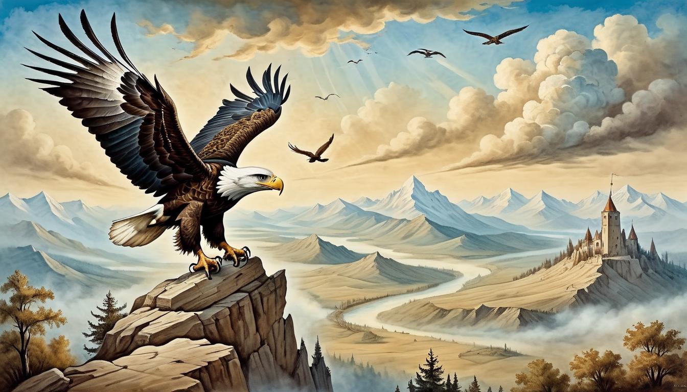  on parchment, surrealism+++, Eagle soaring high above a panoramic landscape, keen eyes scanning the horizon, vision beyond present, majestic, far seeing(mysterious, provocative, symbolic,muted color)+++