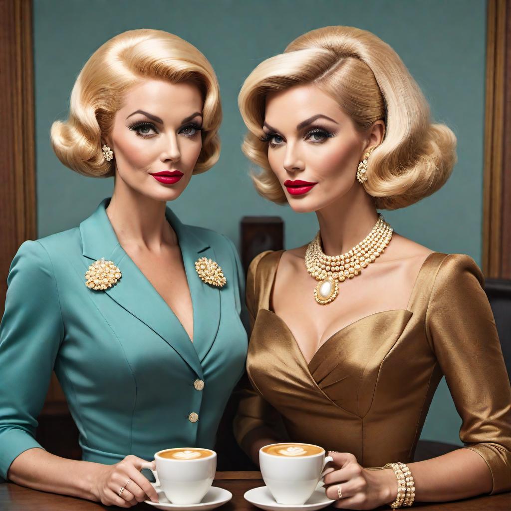  Create a podcast cover with an authentic vintage 60s cartoon style, featuring two distinct women in their late 30s. One woman should have blonde hair and the other should have brown hair. They should be elegantly dressed, with one holding an espresso martini. The setting should be an elegant room set up for podcasting with microphones and headphones. Use warm and inviting colors such as gold, white, and soft pastels. Prominently display the title 'Plotting Greatness' in a cursive font. Ensure the design is eye-catching and appealing for people to select when scrolling on Spotify and Apple podcasts. Incorporate a strong Palm Beach 60s vintage look. hyperrealistic, full body, detailed clothing, highly detailed, cinematic lighting, stunningly beautiful, intricate, sharp focus, f/1. 8, 85mm, (centered image composition), (professionally color graded), ((bright soft diffused light)), volumetric fog, trending on instagram, trending on tumblr, HDR 4K, 8K