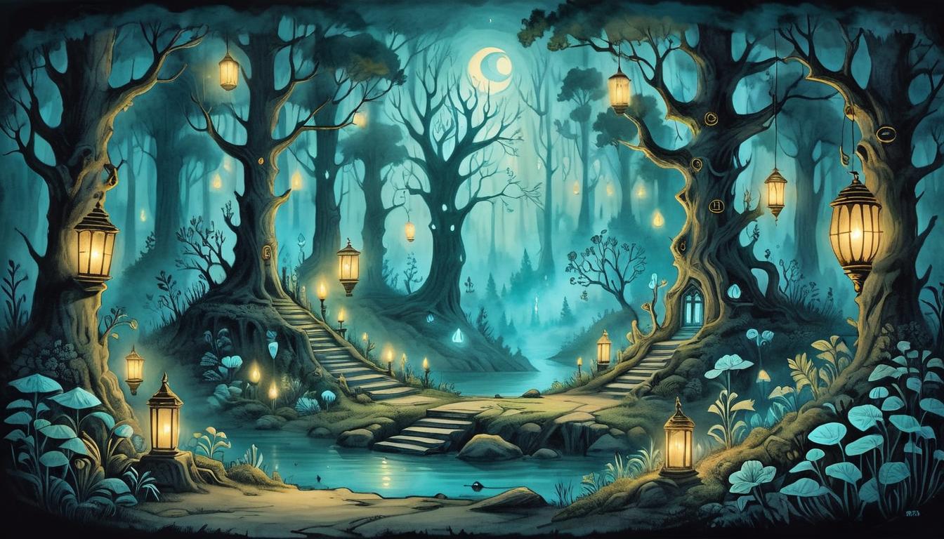  on parchment, surrealism+++, Forest shrine with floating lanterns, bioluminescent plants, mystical runes glowing softly, tranquil, enchanting(mysterious, provocative, symbolic,muted color)+++