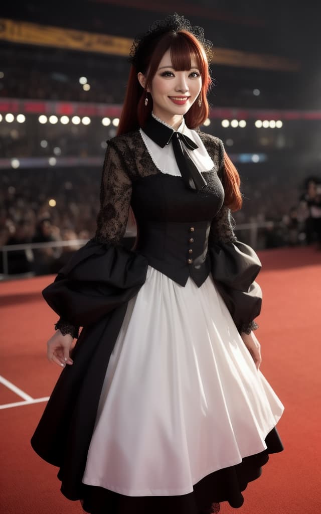  (RAW capture: 1.2), 32K quality, Masterpiece, Raw image, Dramatic lighting, Concert venue, Gothic Lolita fashion, (Photorealistic: 1.4), (Masterpiece: 1.3), (Top quality: 1.4), Beautiful, lovely Japanese woman, ((Actress Asuka Tsugawa)) (((Big smile))) hyperrealistic, full body, detailed clothing, highly detailed, cinematic lighting, stunningly beautiful, intricate, sharp focus, f/1. 8, 85mm, (centered image composition), (professionally color graded), ((bright soft diffused light)), volumetric fog, trending on instagram, trending on tumblr, HDR 4K, 8K