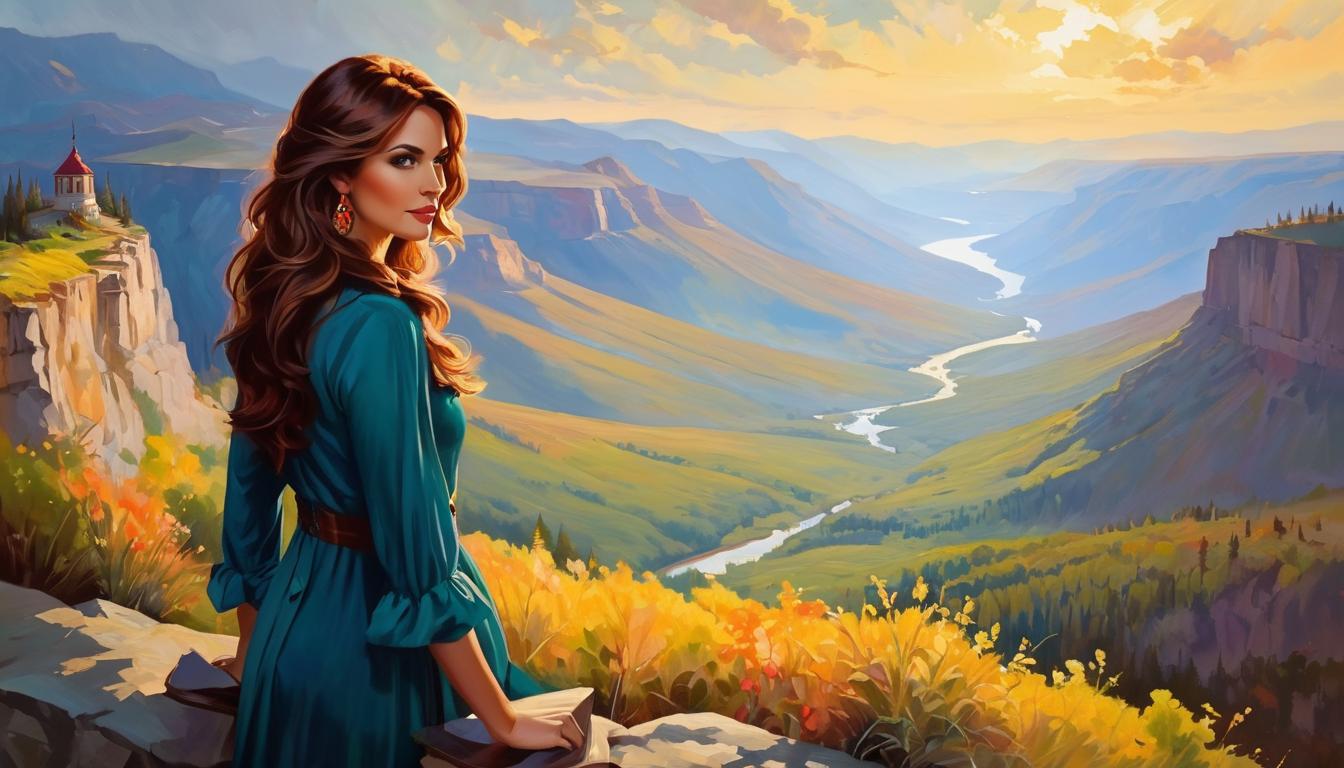  oil paintingAn attractive woman, standing at the edge of a scenic overlook, her gaze distant and thoughtful, longing for someone to see her for who she truly is, expansive landscape behind her(energetic brushwork, bold vibrant colors, expressive, emotional,bold brush, oil stroke, raw, emotional, dynamic, distortion for emotional effect, detailed,beautiful, loose brushwork, light and shadow play, captures feeling over form, balanced color