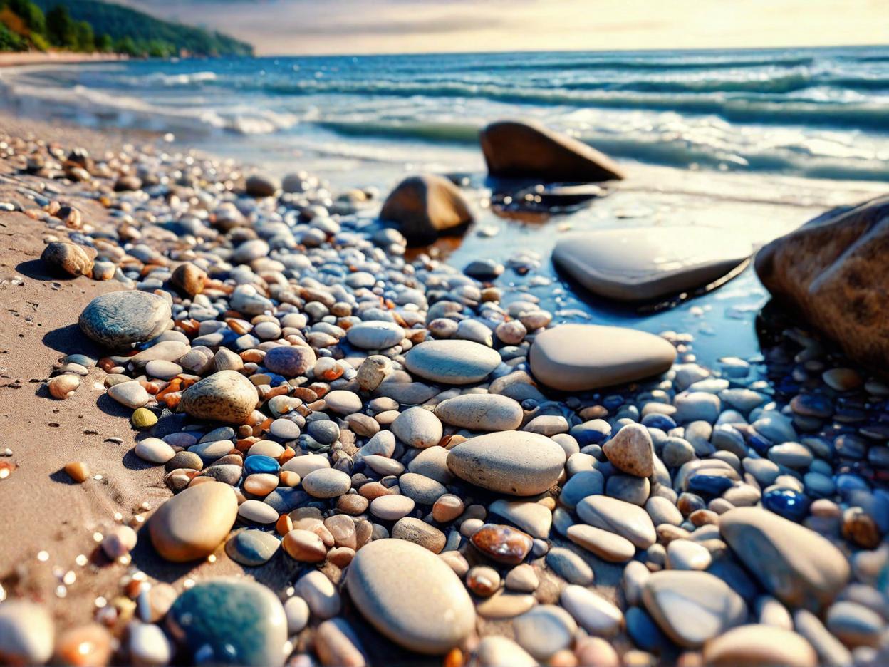  best quality, HD, stones on serene beach landscape