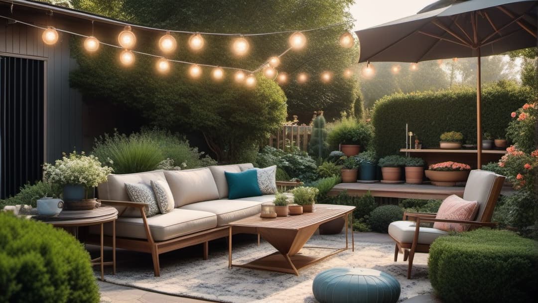  Generate an image of a cozy retro garden oasis with a vintage feel in the outdoor space. Include elements such as mid century modern furniture, colorful retro cushions, a decorative outdoor fireplace, and string lights. Emphasize on nostalgic design elements like a patterned rug, retro metal patio chairs, and potted plants. additional guidelines The image should evoke a sense of nostalgia and showcase a stylish blend of retro aesthetics in a garden setting. hyperrealistic, full body, detailed clothing, highly detailed, cinematic lighting, stunningly beautiful, intricate, sharp focus, f/1. 8, 85mm, (centered image composition), (professionally color graded), ((bright soft diffused light)), volumetric fog, trending on instagram, trending on tumblr, HDR 4K, 8K