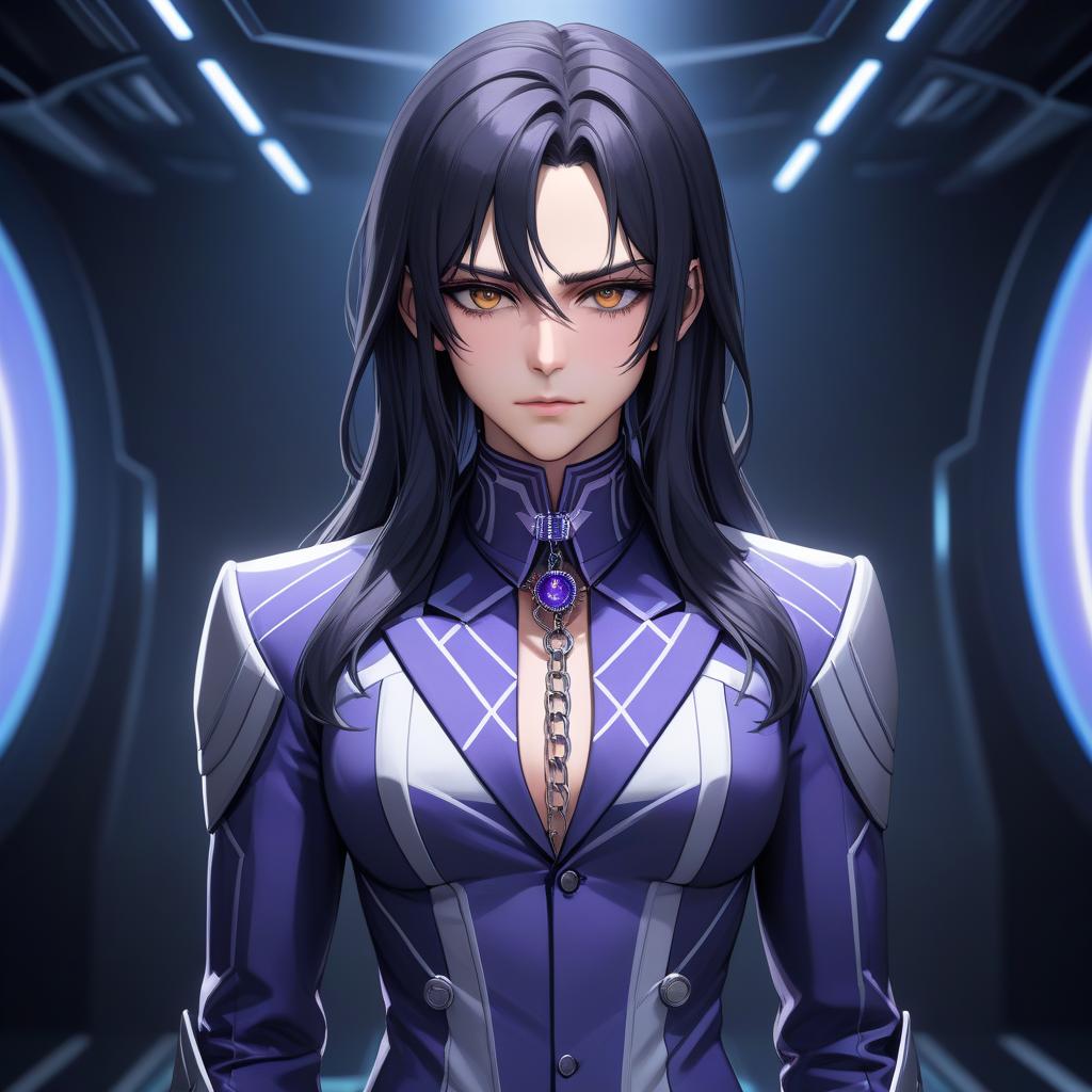  2D, line art, anime style, a male character, serious expression, dead look, too long dark purple hair, amber eyes, deep set eyes, very pale skin, black geometric patterns on the body, violet striped classic suit in futuristic tailoring, silver chain, brooch, gloves, digital space, cool color scheme hyperrealistic, full body, detailed clothing, highly detailed, cinematic lighting, stunningly beautiful, intricate, sharp focus, f/1. 8, 85mm, (centered image composition), (professionally color graded), ((bright soft diffused light)), volumetric fog, trending on instagram, trending on tumblr, HDR 4K, 8K