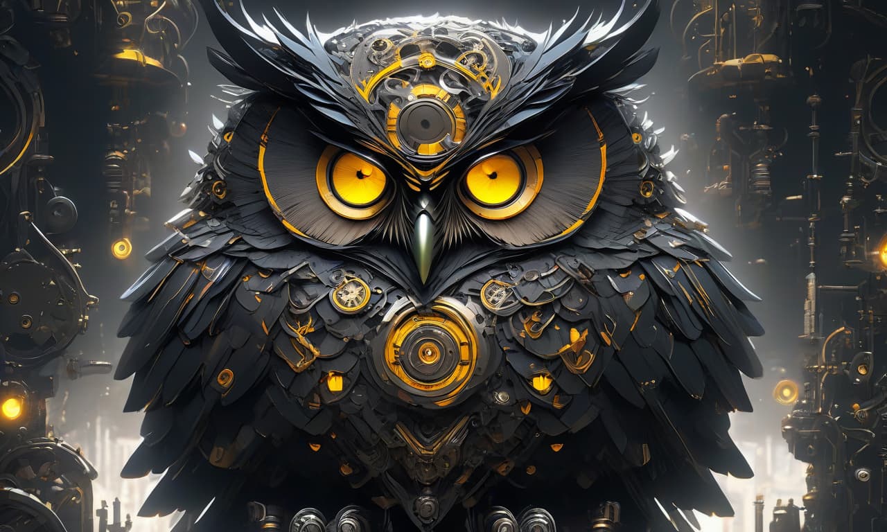  anime artwork Mechanical cartoon owl in bright black, yellow, orange, and white colors. . anime style, key visual, vibrant, studio anime, highly detailed hyperrealistic, full body, detailed clothing, highly detailed, cinematic lighting, stunningly beautiful, intricate, sharp focus, f/1. 8, 85mm, (centered image composition), (professionally color graded), ((bright soft diffused light)), volumetric fog, trending on instagram, trending on tumblr, HDR 4K, 8K