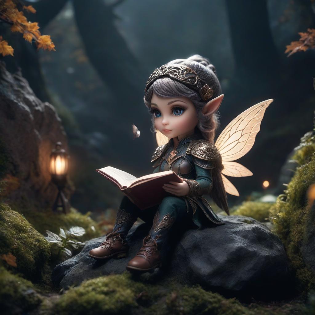  3D visualization, Unreal Engine, (futurism: 1.7), fantasy, (magic: 2.5), (chibi) miniature, little pixie fairy, sitting on a stone and reading a book, ((chibi style)) extremely high resolution details, photographic, realism pushed to extreme, fine texture, incredibly lifelike, gothic style {prompt} . dark, mysterious, haunting, dramatic, ornate, detailed hyperrealistic, full body, detailed clothing, highly detailed, cinematic lighting, stunningly beautiful, intricate, sharp focus, f/1. 8, 85mm, (centered image composition), (professionally color graded), ((bright soft diffused light)), volumetric fog, trending on instagram, trending on tumblr, HDR 4K, 8K