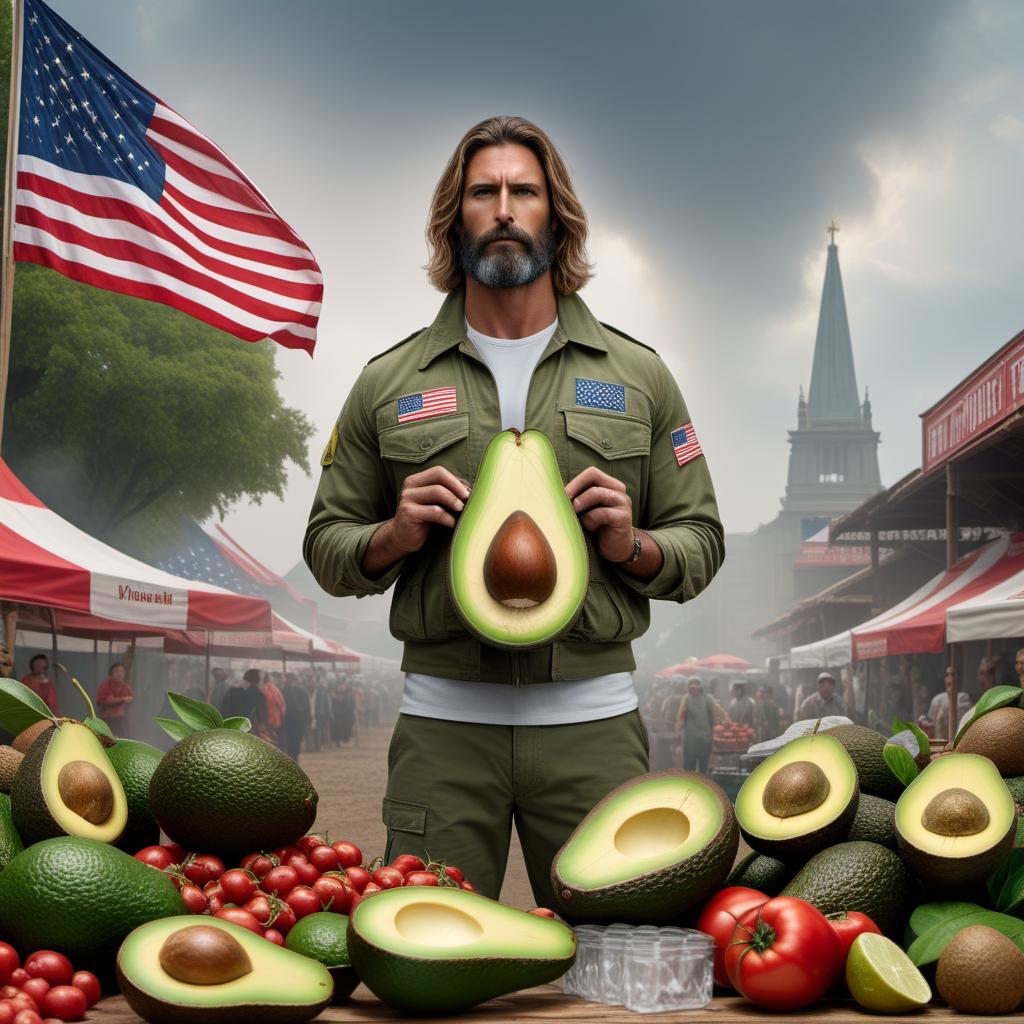  A creative image representing the theme of 'patriotism for sale' with elements such as a character named Jack, an Avocado Festival, and a sense of integrity being compromised. The image should be thought-provoking and visually appealing to complement a viral tweet. hyperrealistic, full body, detailed clothing, highly detailed, cinematic lighting, stunningly beautiful, intricate, sharp focus, f/1. 8, 85mm, (centered image composition), (professionally color graded), ((bright soft diffused light)), volumetric fog, trending on instagram, trending on tumblr, HDR 4K, 8K